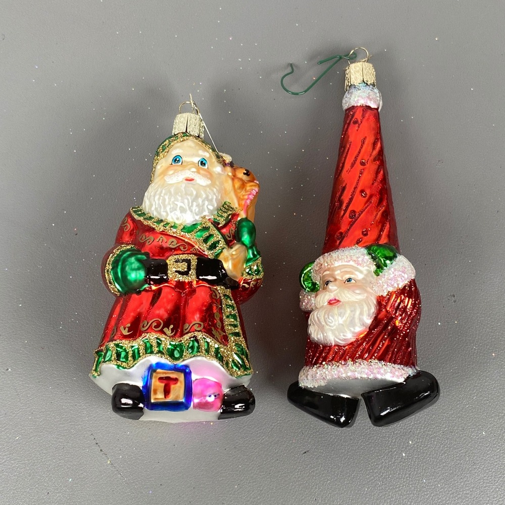 Old World Christmas Glass Santa Ornament Set Red Glitter Blown Glass 2pc OWC